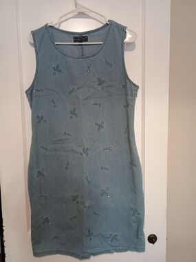 Vintage Style Denim Dress Embroidered Floral Blue Sleeveless Midi Women’s L Cott